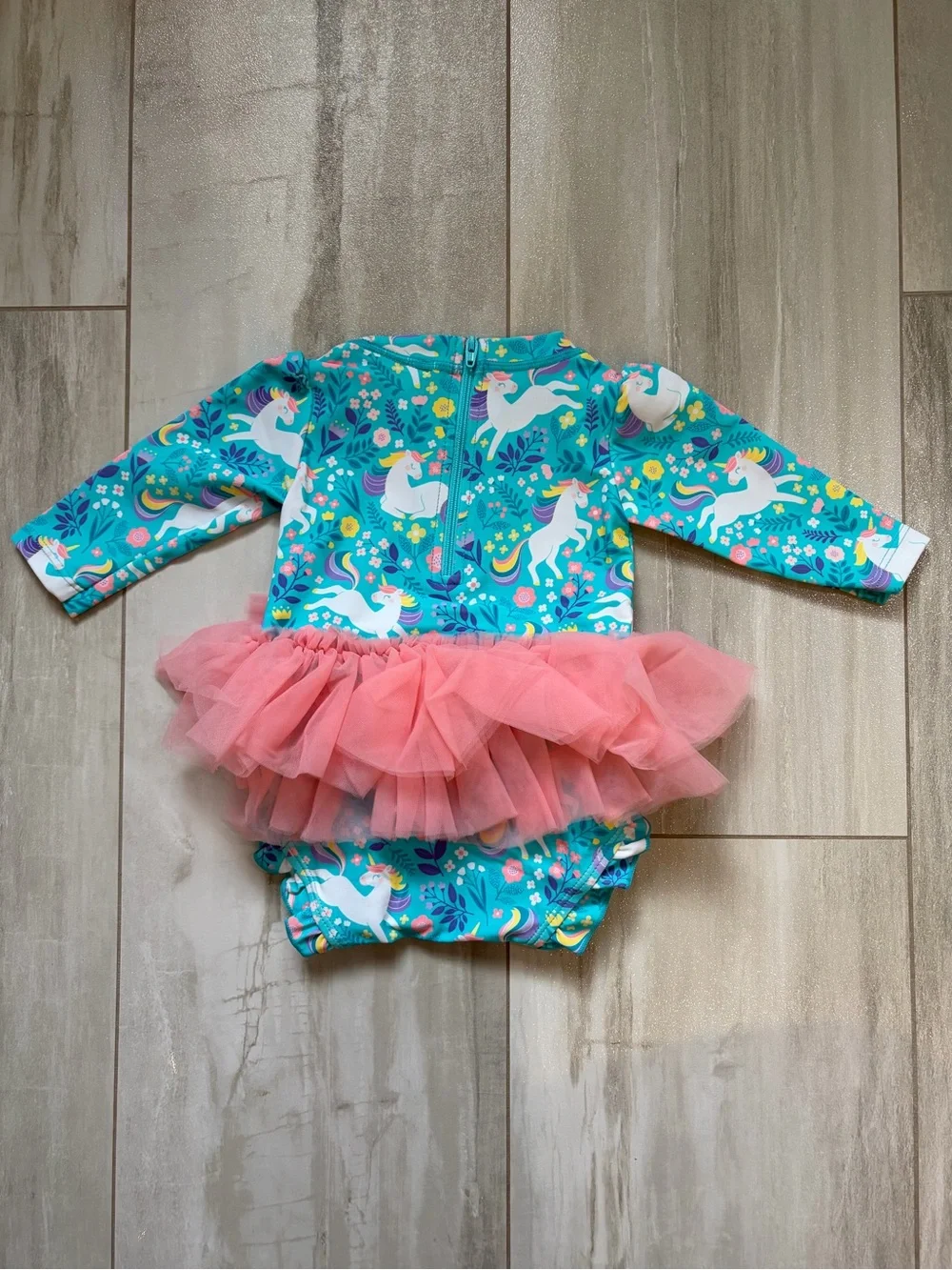 NWT RuffleButts Colorful Aqua Unicorn Meadow Tutu Rash Guard Swimsuit Girls 0-3M